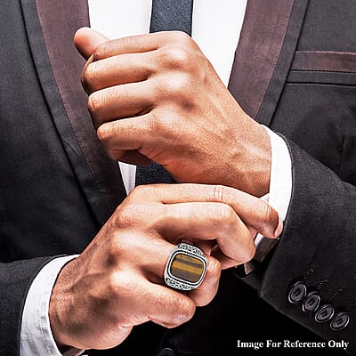 Yellow Tigers Eye Men's Ring in Stainless Steel (Size 10.0) 2.00 ctw