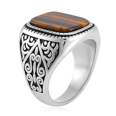 Yellow Tigers Eye Men's Ring in Stainless Steel (Size 10.0) 2.00 ctw