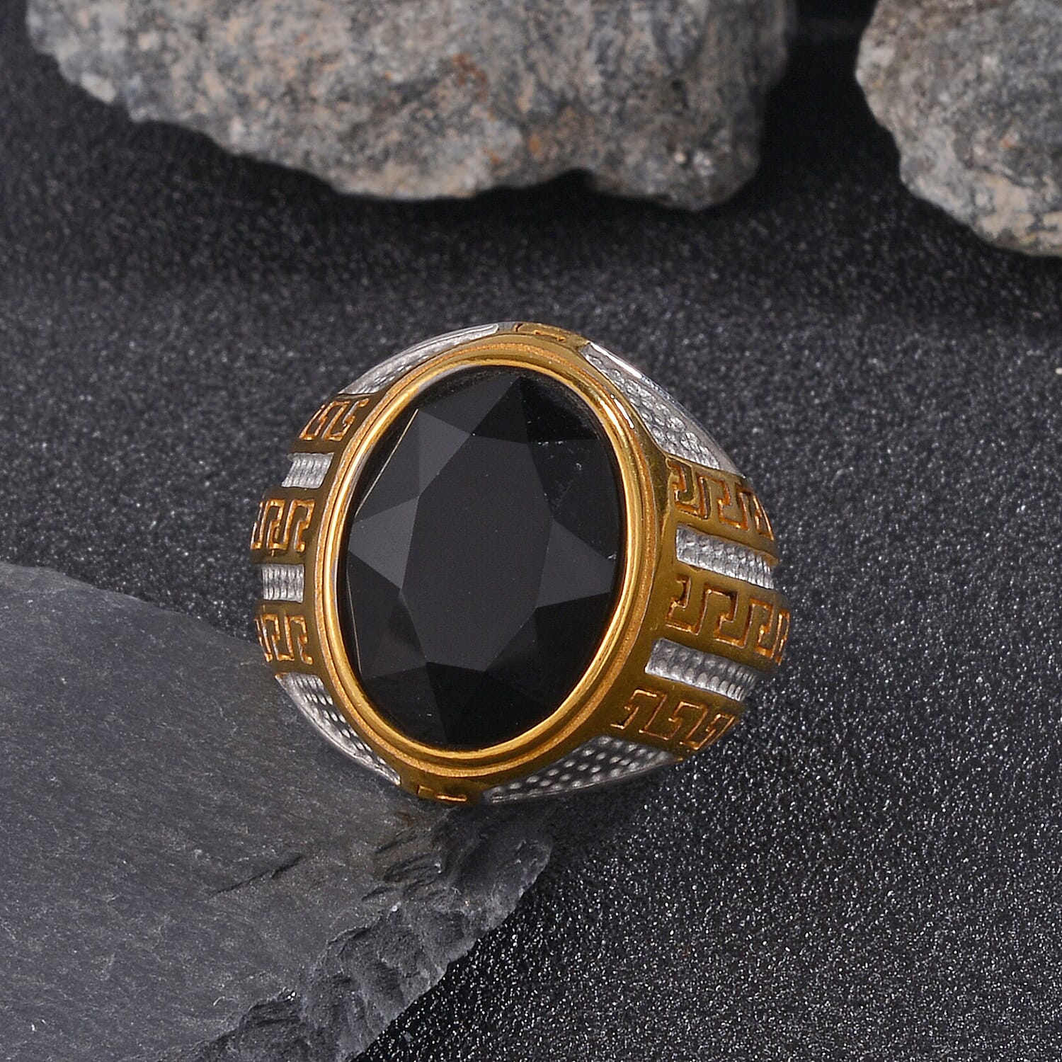 Simulated Black Sapphire Men's Ring in ION Plated YG and Stainless Steel (Size 10.0)