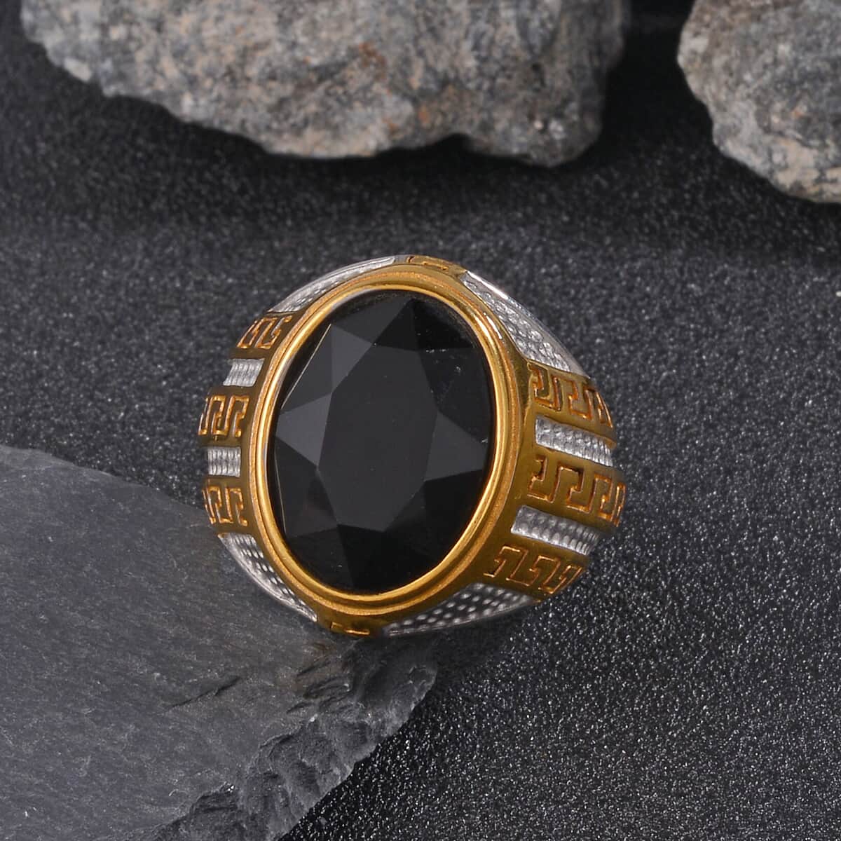 Simulated Black Sapphire Diamond Men's Ring in Dualtone Stainless Steel (Size 11.0) image number 1
