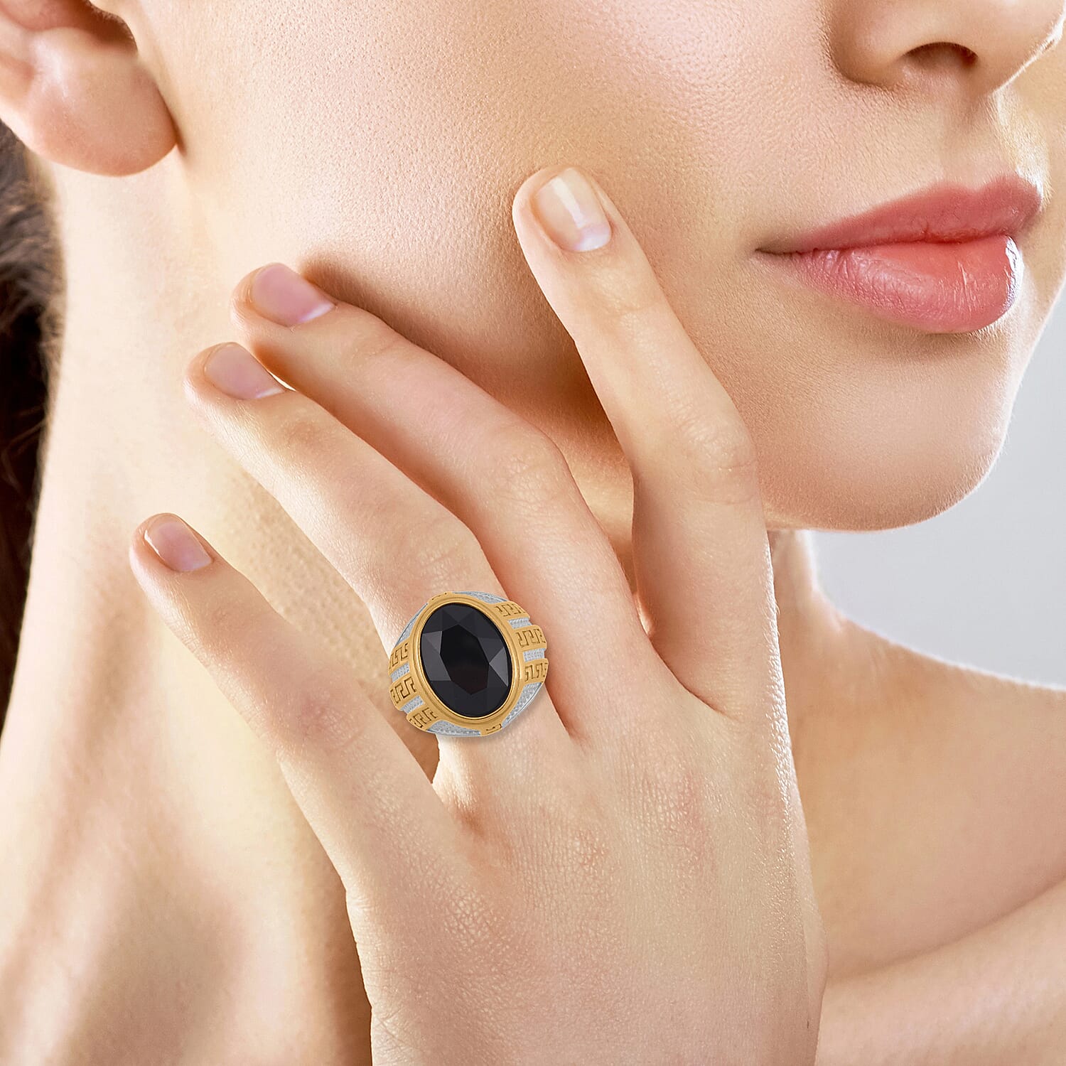 Simulated Black Sapphire Men's Ring in ION Plated YG and Stainless Steel (Size 10.0)