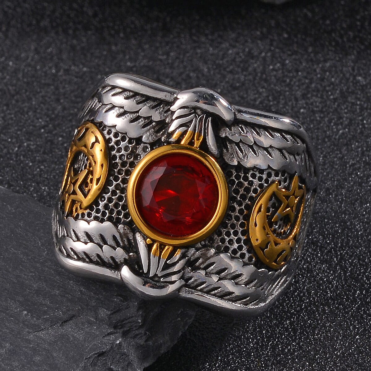 Red Glass Men's Ring in Stainless Steel (Size 9.0) image number 1