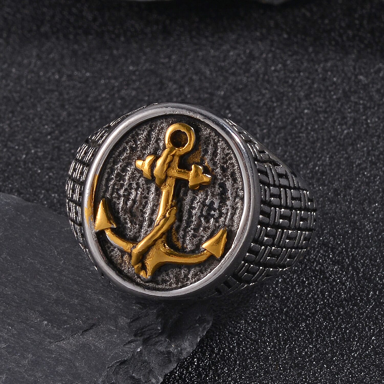 Anchor Carved Men's Ring in Dualtone Stainless Steel (Size 10.0)