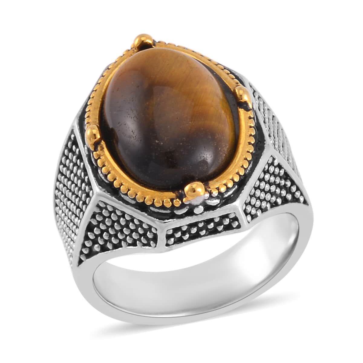 Yellow Tigers Eye 4.00 ctw Men's Ring in ION Plated YG and Stainless Steel (Size 10.0) image number 0