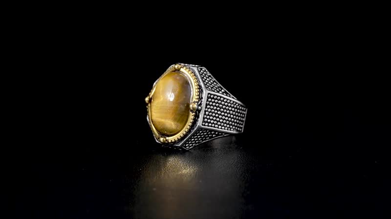 Yellow Tigers Eye 4.00 ctw Men's Ring in ION Plated YG and Stainless Steel