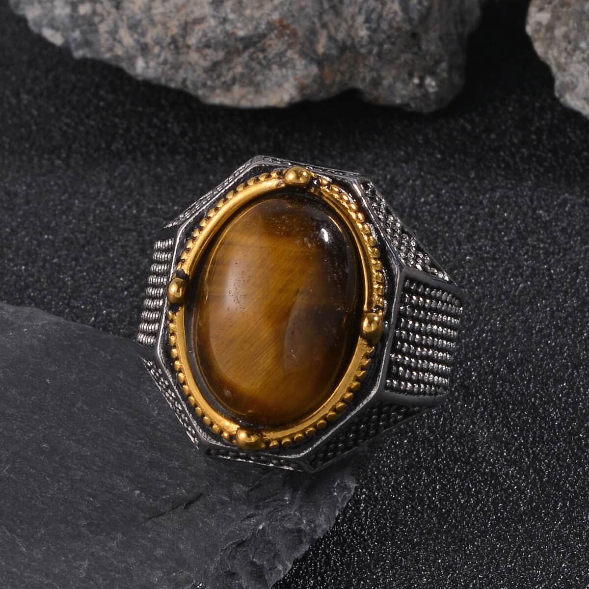 Yellow Tigers Eye 4.00 ctw Men's Ring in ION Plated YG and Stainless Steel (Size 10.0) image number 1