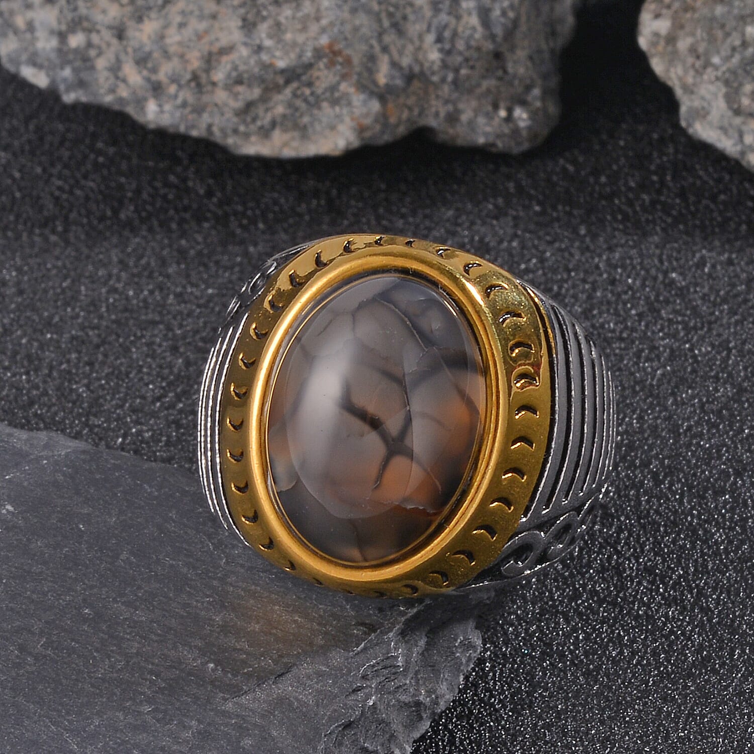 Grey Agate (D) 3.00 ctw Anchor Men's Ring in ION Plated YG and Stainless Steel (Size 10.0)