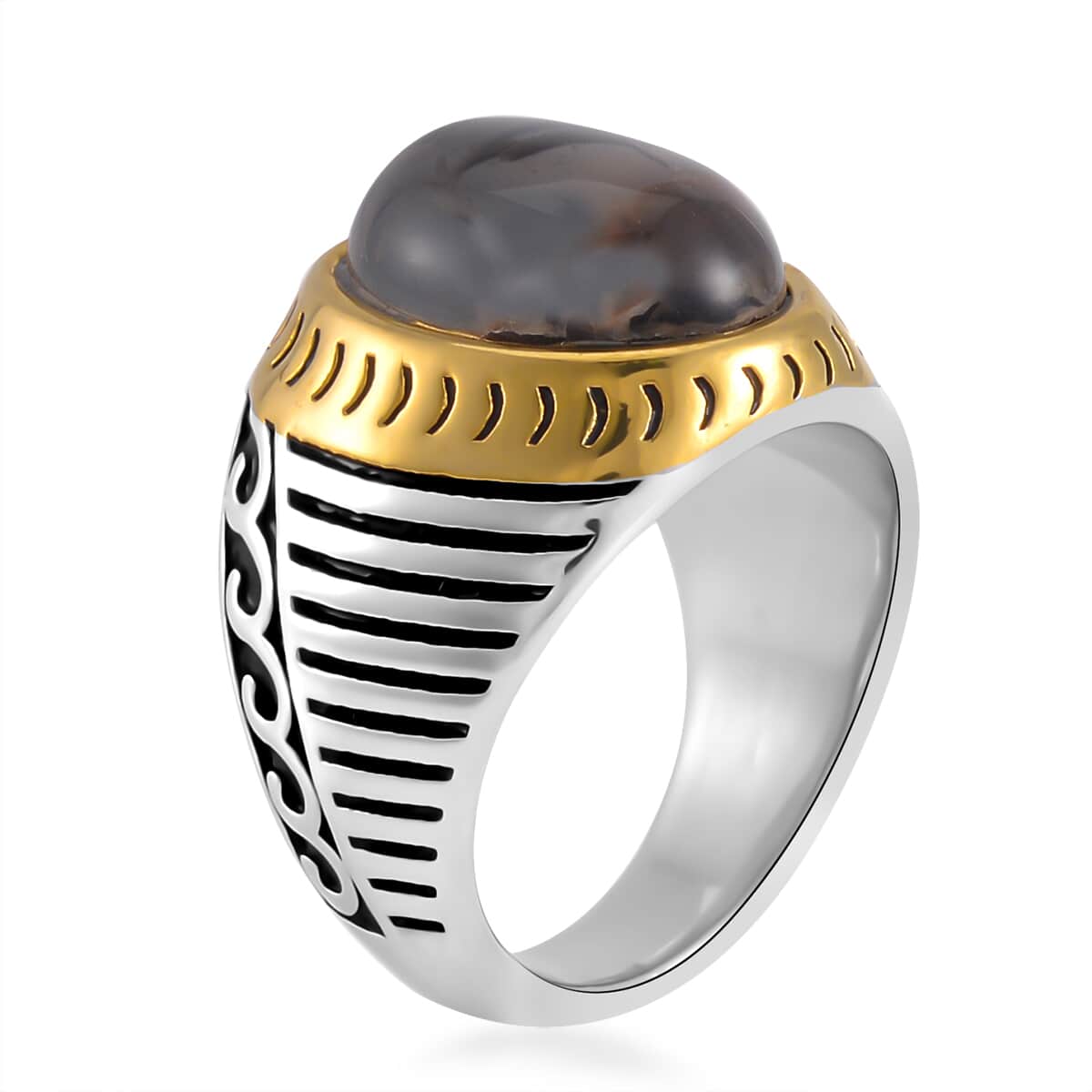 Grey Agate (D) 3.00 ctw Anchor Men's Ring in ION Plated YG and Stainless Steel (Size 10.0) image number 3