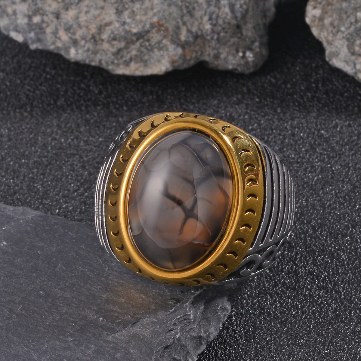 Grey Agate (D) 3.00 ctw Anchor Men's Ring in ION Plated YG and Stainless Steel (Size 9.0) image number 1