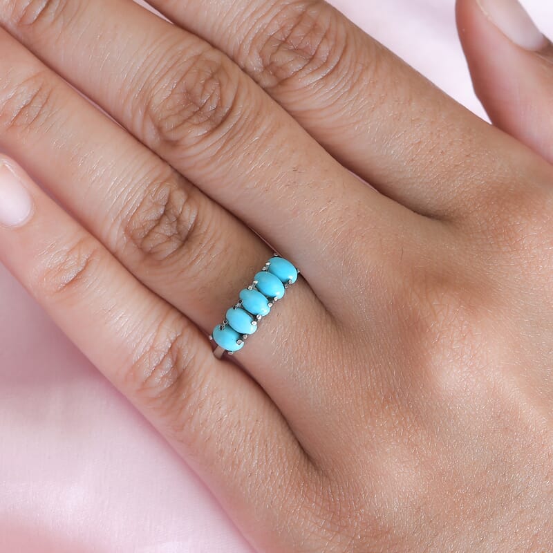 Sleeping Beauty Turquoise 5 Stone Ring in Stainless Steel (Size 10.0) 1.00 ctw , Tarnish-Free, Waterproof, Sweat Proof Jewelry
