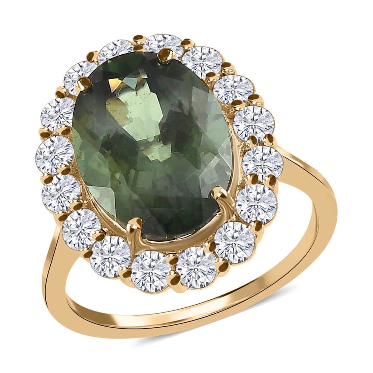 Luxoro 10K Yellow Gold Premium Tanzanian Natural Green Apatite and Moissanite Halo Ring (Size 10.0) 7.00 ctw image number 0