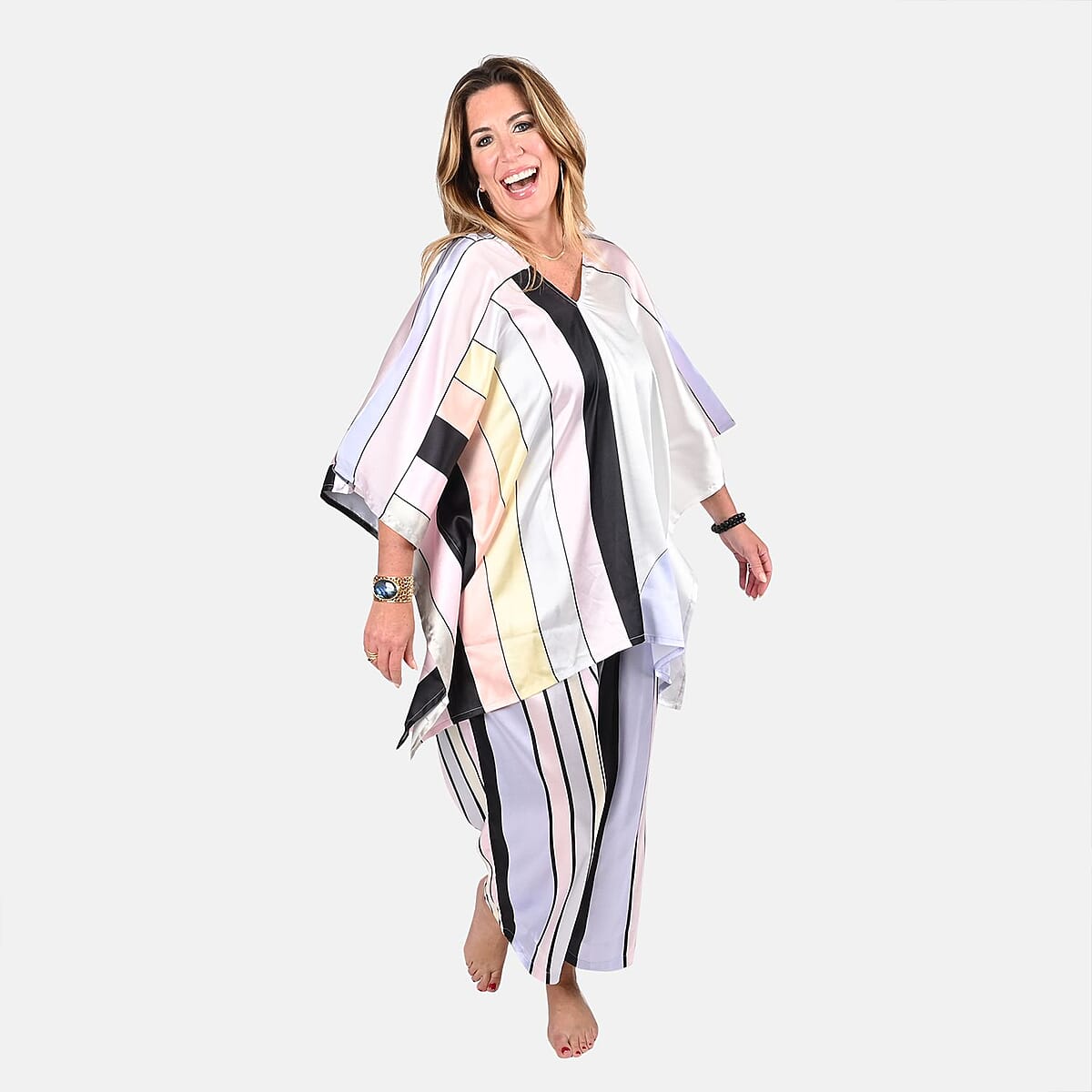 Tamsy Pastel Stripe Japan Satin 2 Piece Kaftan Pant Set - One Size Missy image number 0