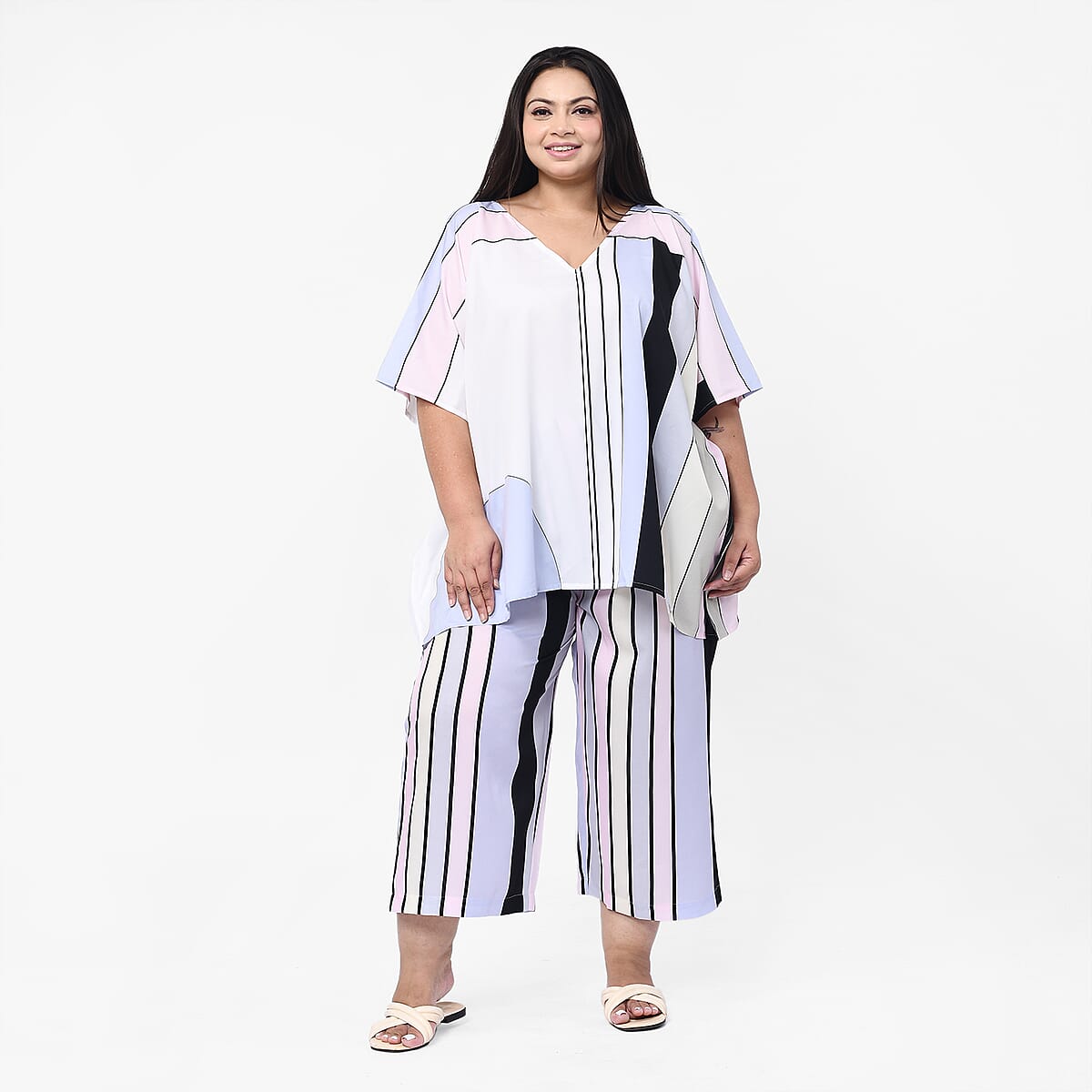 Tamsy Pastel Stripe Japan Satin 2 Piece Kaftan Pant Set - One Size Plus image number 0