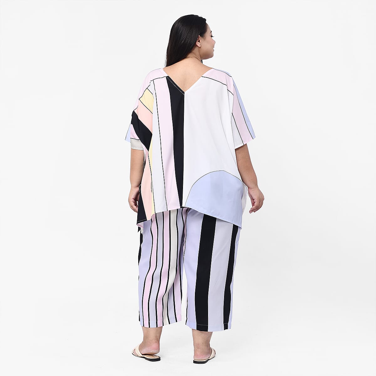 Tamsy Pastel Stripe Japan Satin 2 Piece Kaftan Pant Set - One Size Plus image number 1