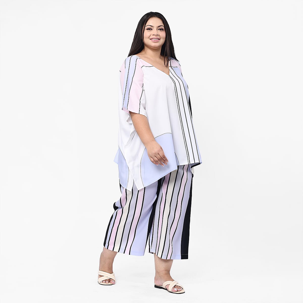 Tamsy Pastel Stripe Japan Satin 2 Piece Kaftan Pant Set - One Size Plus image number 2