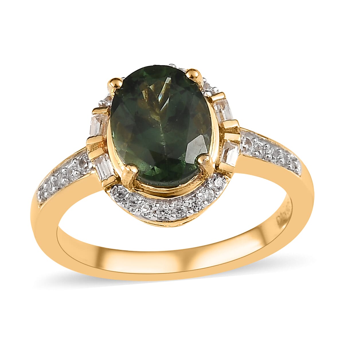 Tanzanian Natural Green Apatite and White Zircon Halo Ring in Vermeil Yellow Gold Over Sterling Silver (Size 10.0) 2.25 ctw
