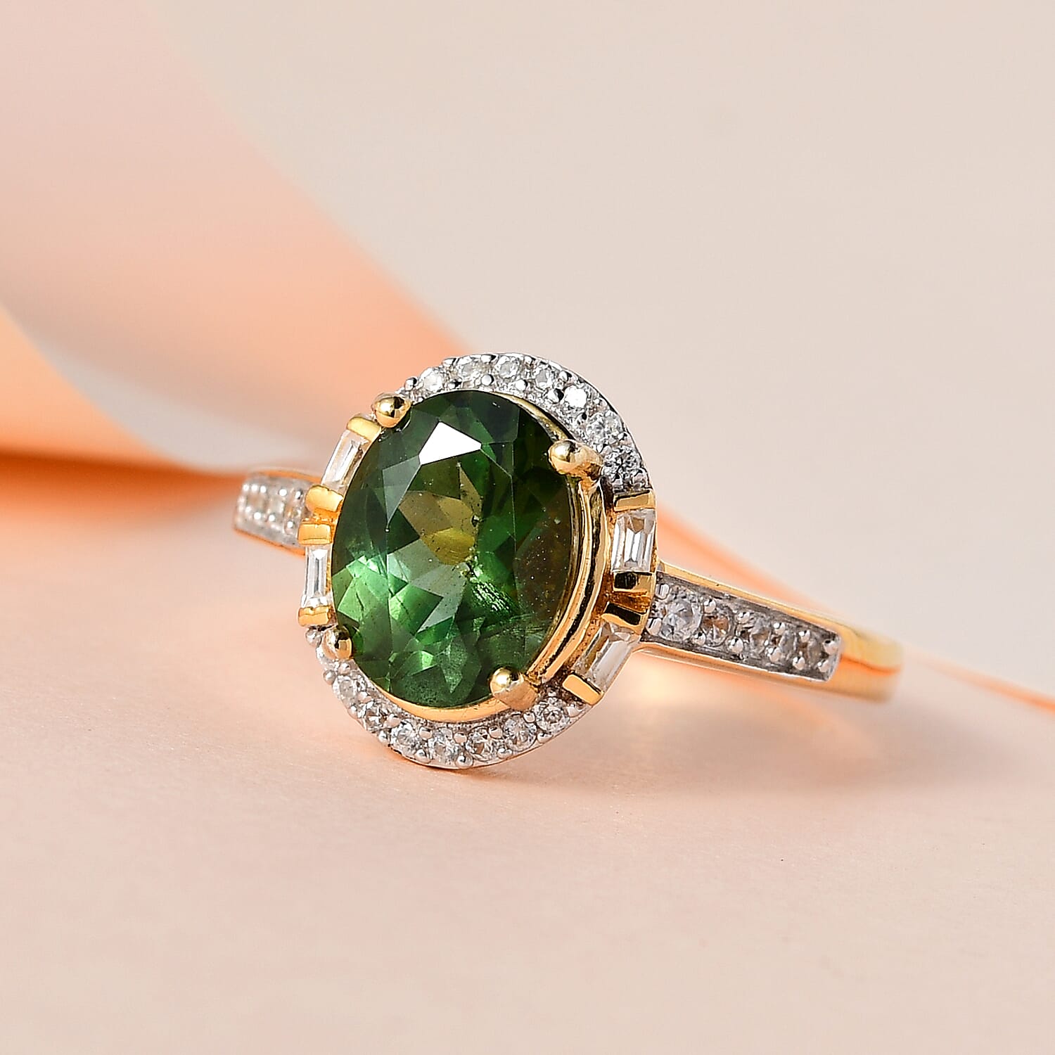Tanzanian Natural Green Apatite and White Zircon Halo Ring in Vermeil Yellow Gold Over Sterling Silver (Size 10.0) 2.25 ctw