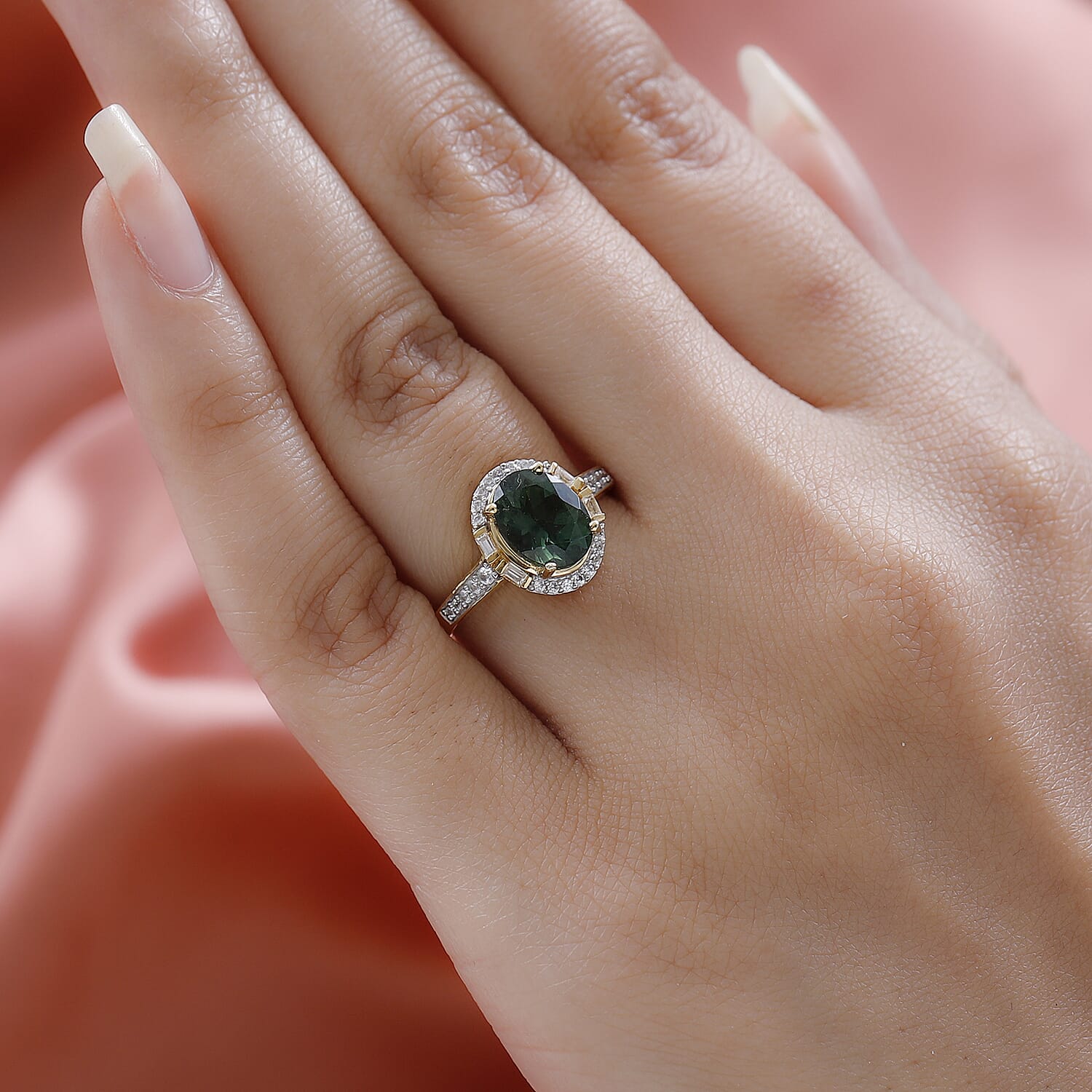 Tanzanian Natural Green Apatite and White Zircon Halo Ring in Vermeil Yellow Gold Over Sterling Silver (Size 10.0) 2.25 ctw