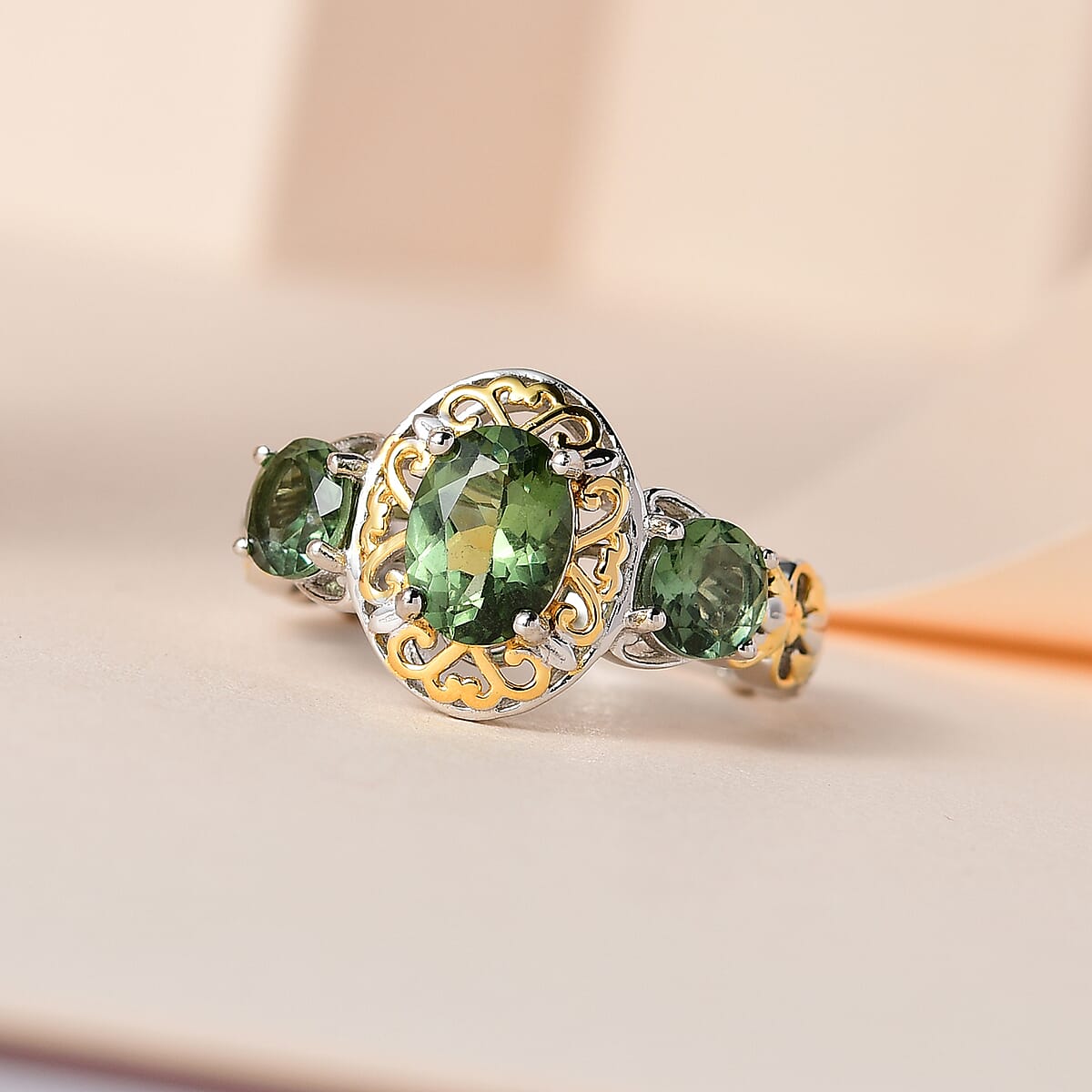 reen Apatite 3 Stone Ring in Vermeil YG and Platinum Over Sterling Silver 2.25 ctw image number 1