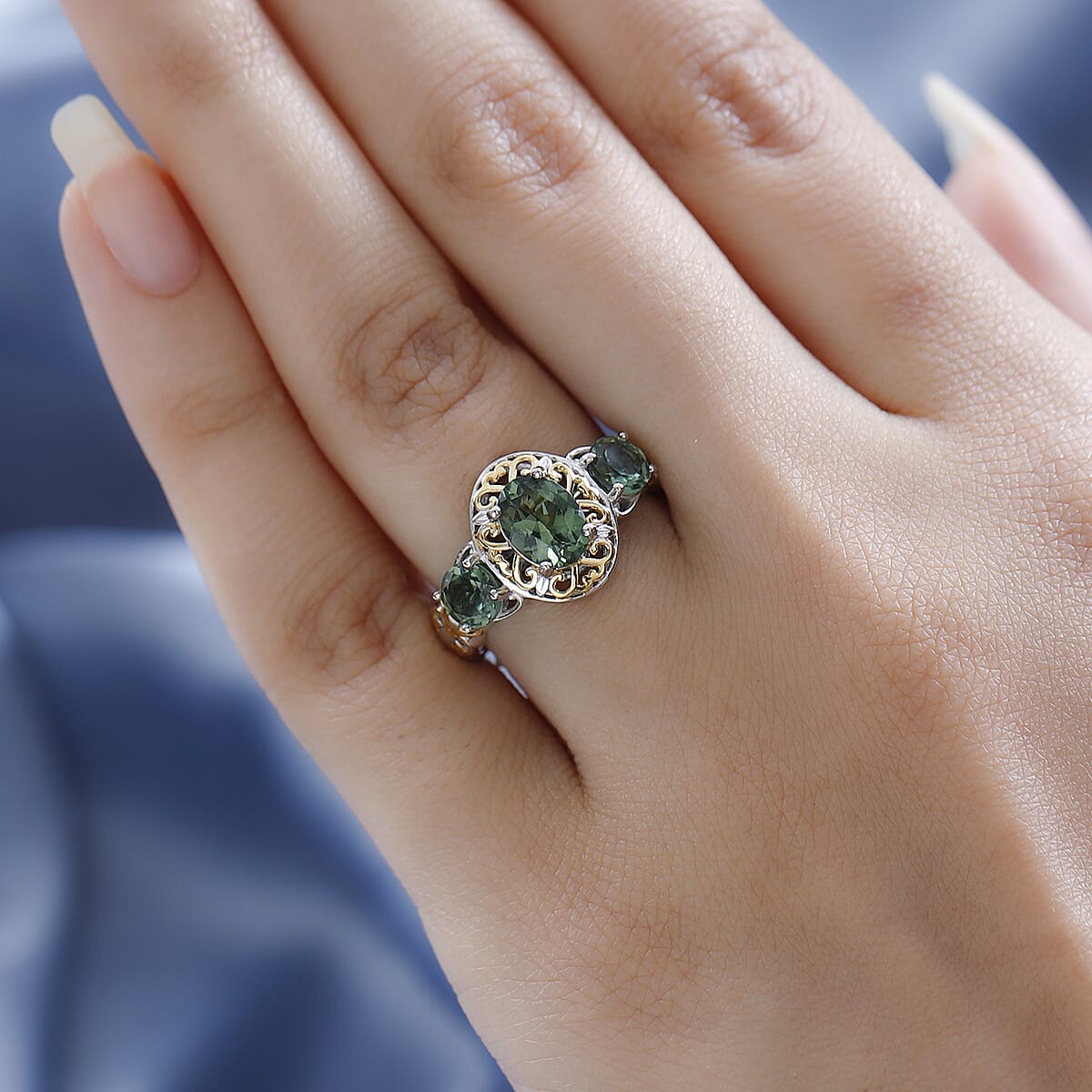 reen Apatite 3 Stone Ring in Vermeil YG and Platinum Over Sterling Silver 2.25 ctw image number 2