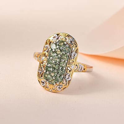 Tanzanian Natural Green Apatite Elongated Ring in Vermeil Yellow Gold and Platinum Over Sterling Silver (Size 10.0) 1.15 ctw