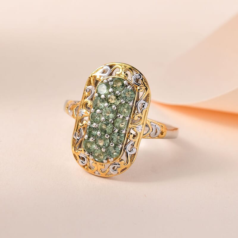 Tanzanian Natural Green Apatite Elongated Ring in Vermeil Yellow Gold and Platinum Over Sterling Silver (Size 10.0) 1.15 ctw