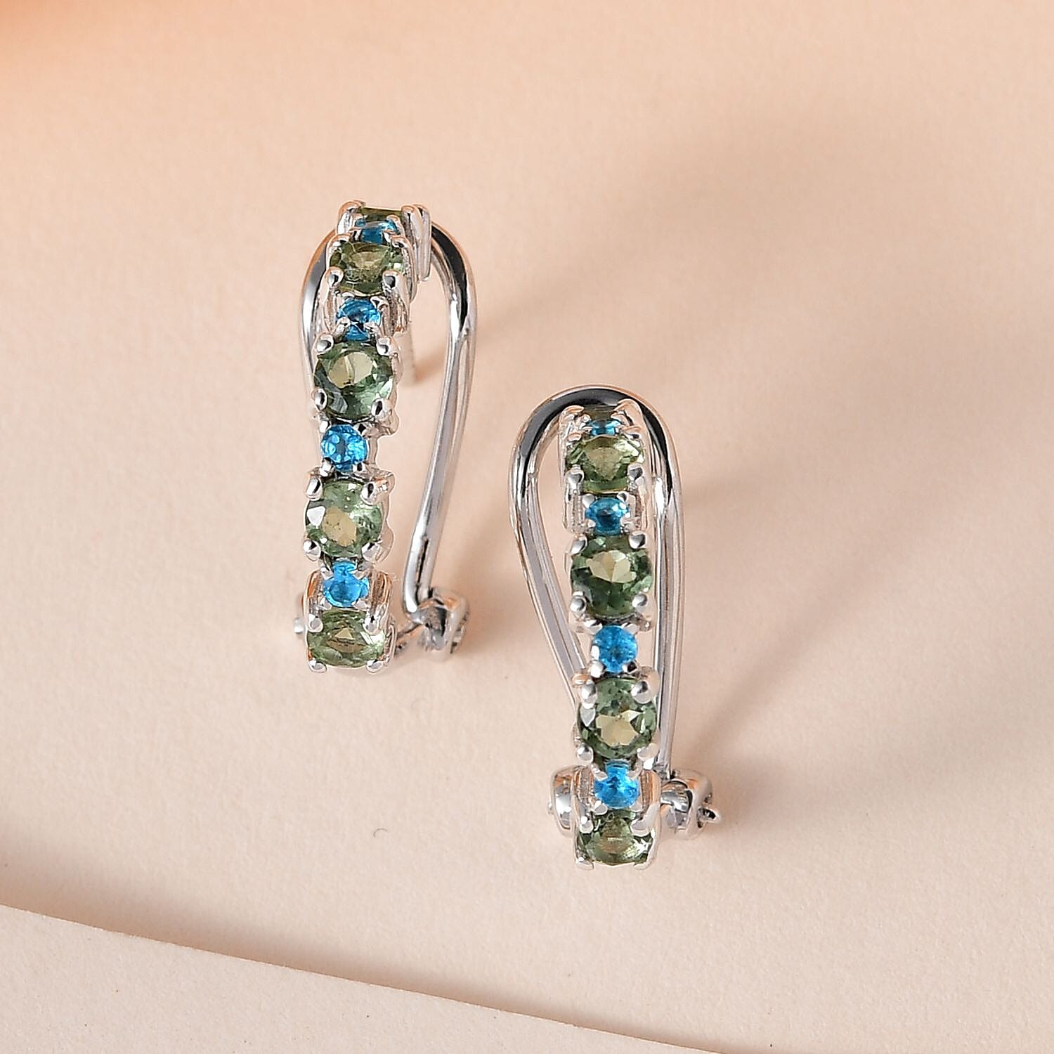 Tanzanian Natural Green Apatite and Malgache Neon Apatite Omega Clip Earrings in Platinum Over Sterling Silver 1.40 ctw