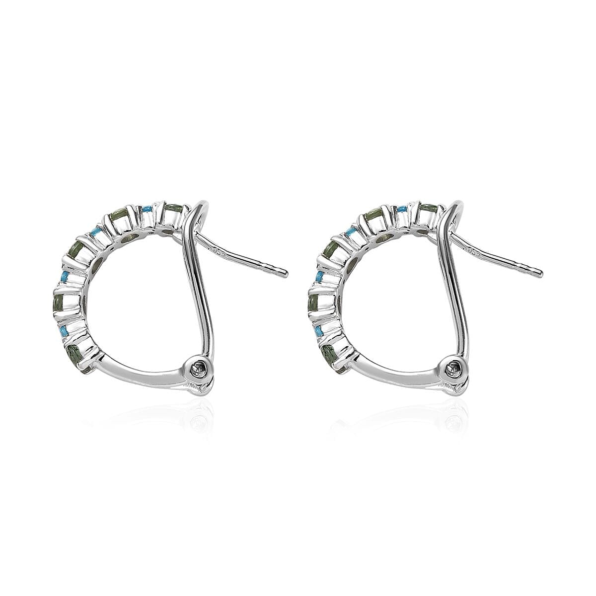 Tanzanian Natural Green Apatite and Malgache Neon Apatite Omega Clip Earrings in Platinum Over Sterling Silver 1.40 ctw