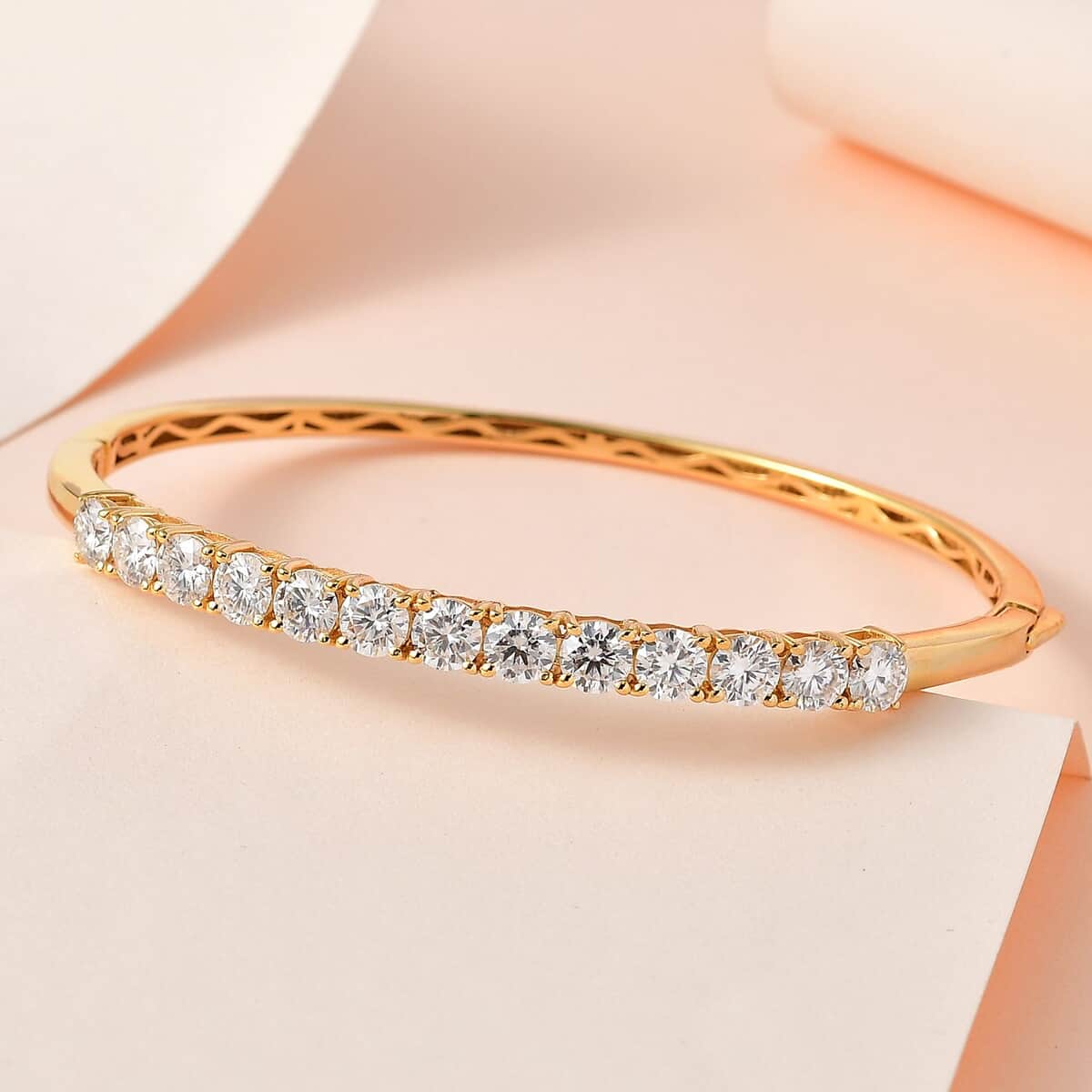 Moissanite 5.85 ctw Bangle Bracelet, Moissanite Bracelet, Vermeil YG Over Sterling Silver Bracelet, Moissanite Jewelry (7.25 In) image number 1