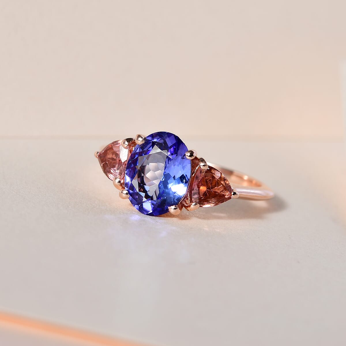 Tanzanite and Morro Redondo Pink Tourmaline 3 Stone Ring in Vermeil Rose Gold Over Sterling Silver 2.50 ctw image number 1