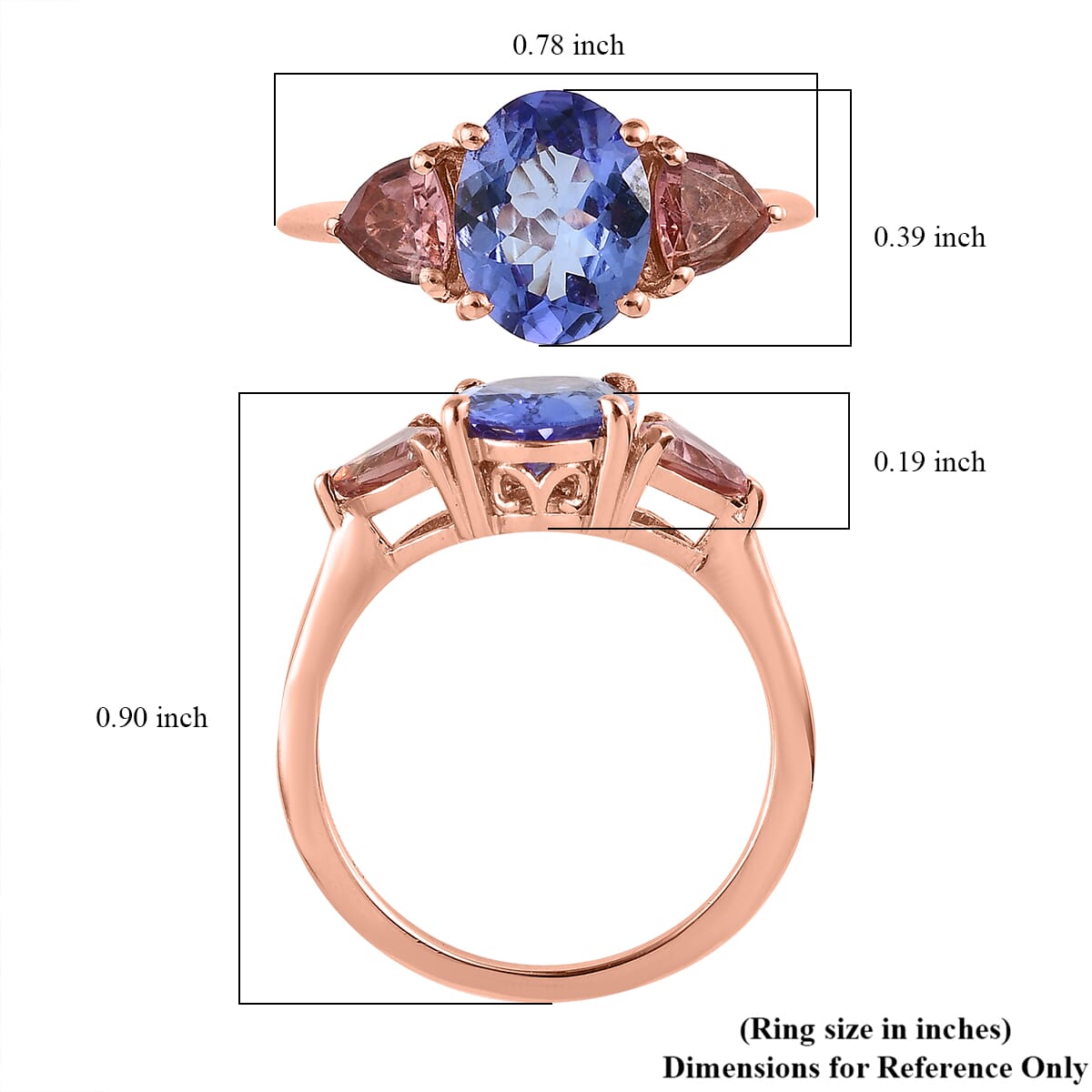 Tanzanite and Morro Redondo Pink Tourmaline 3 Stone Ring in Vermeil Rose Gold Over Sterling Silver 2.50 ctw image number 5