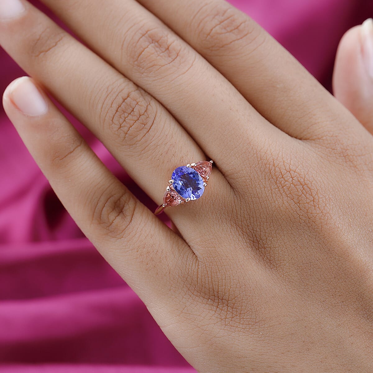 Tanzanite and Morro Redondo Pink Tourmaline 3 Stone Ring in Vermeil Rose Gold Over Sterling Silver (Size 7.0) 2.50 ctw image number 2