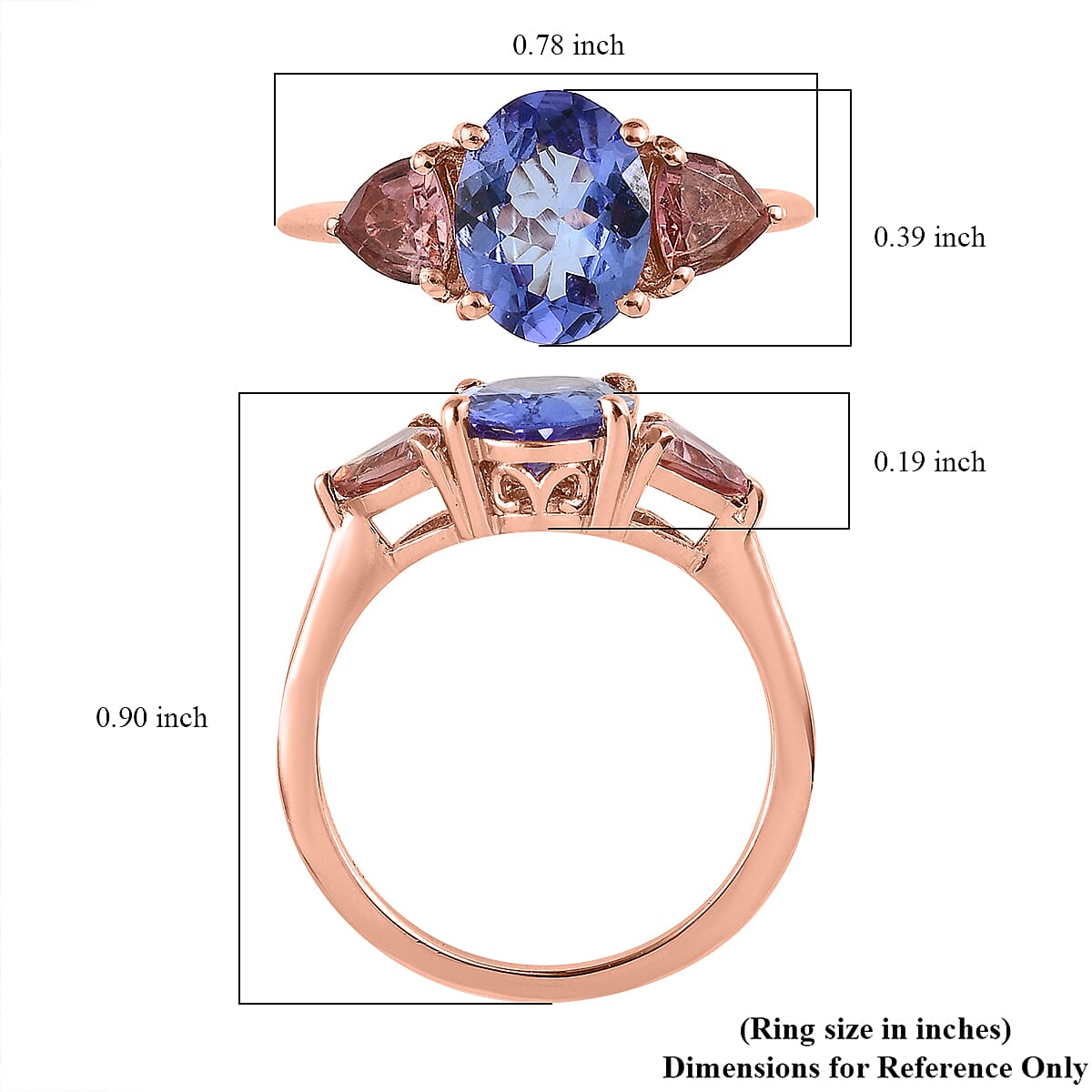 Tanzanite and Morro Redondo Pink Tourmaline 3 Stone Ring in Vermeil Rose Gold Over Sterling Silver (Size 7.0) 2.50 ctw image number 5