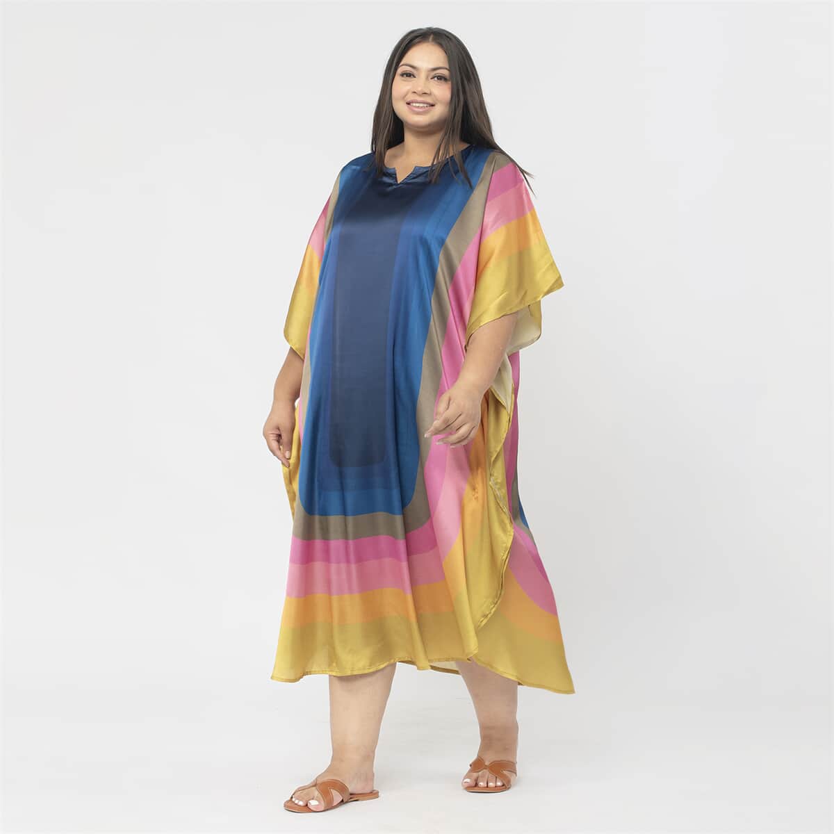 Tamsy Blue and Pink Printed Kaftan - One Size Fits Most image number 2