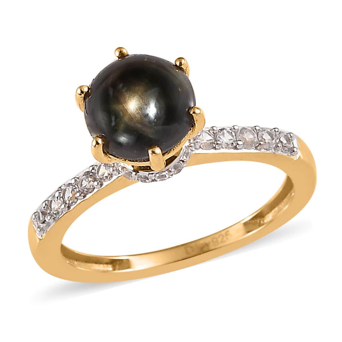 Premium Natural Black Star Sapphire and White Zircon Ring in Vermeil Yellow Gold Over Sterling Silver 2.40 ctw image number 0