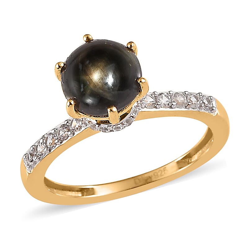 Premium Bankacha Natural Black Star Sapphire and White Zircon Ring in Vermeil Yellow Gold Over Sterling Silver (Size 10.0) 2.40 ctw