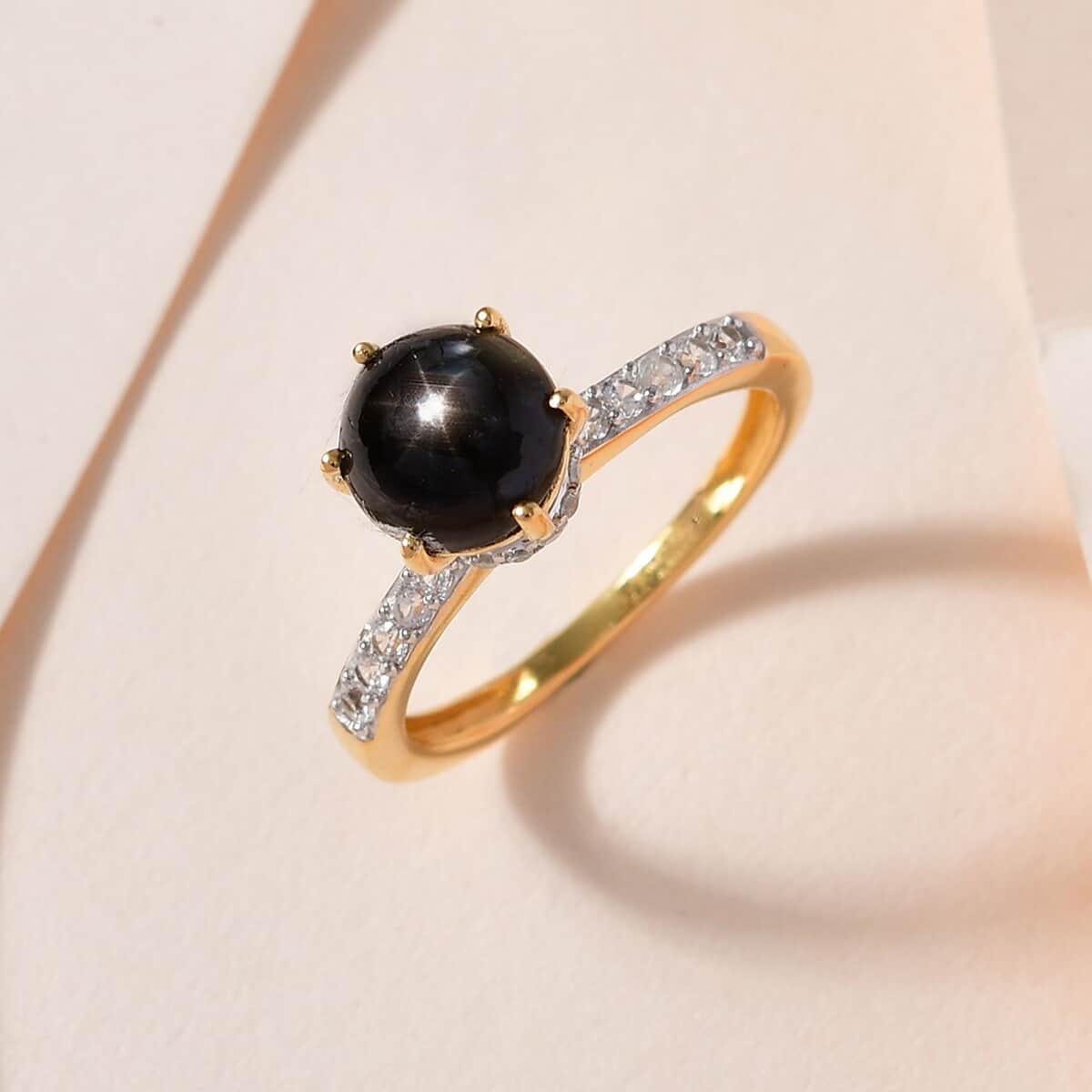 Premium Natural Black Star Sapphire and White Zircon Ring in Vermeil Yellow Gold Over Sterling Silver 2.40 ctw image number 1