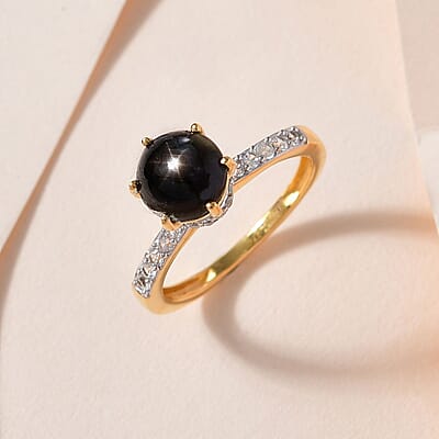 Premium Bankacha Natural Black Star Sapphire and White Zircon Ring in Vermeil Yellow Gold Over Sterling Silver (Size 10.0) 2.40 ctw