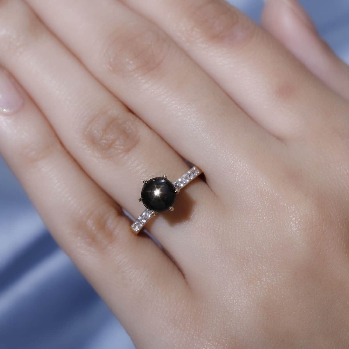 Premium Natural Black Star Sapphire and White Zircon Ring in Vermeil Yellow Gold Over Sterling Silver 2.40 ctw image number 2