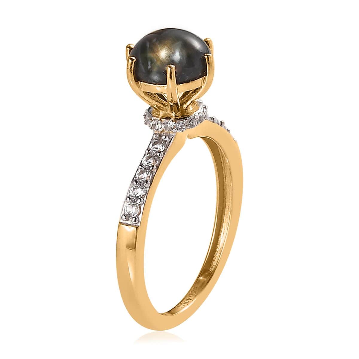 Premium Natural Black Star Sapphire and White Zircon Ring in Vermeil Yellow Gold Over Sterling Silver 2.40 ctw image number 3