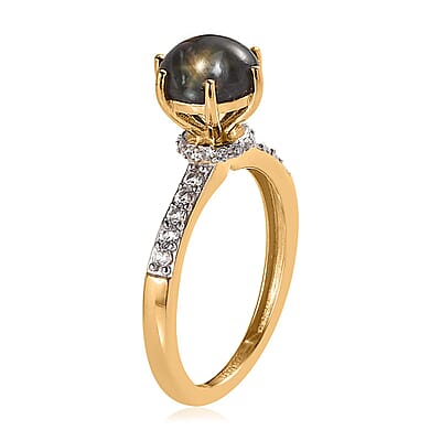 Premium Bankacha Natural Black Star Sapphire and White Zircon Ring in Vermeil Yellow Gold Over Sterling Silver (Size 10.0) 2.40 ctw