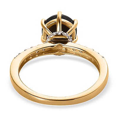 Premium Bankacha Natural Black Star Sapphire and White Zircon Ring in Vermeil Yellow Gold Over Sterling Silver (Size 10.0) 2.40 ctw