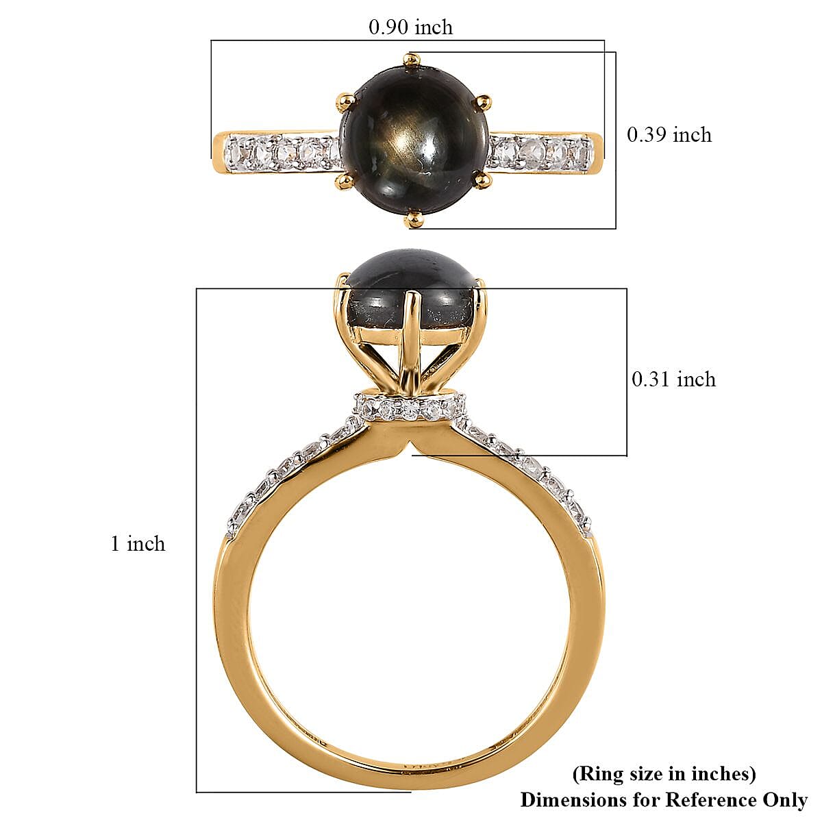 Premium Bankacha Natural Black Star Sapphire and White Zircon Ring in Vermeil Yellow Gold Over Sterling Silver (Size 10.0) 2.40 ctw