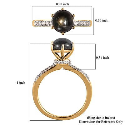 Premium Bankacha Natural Black Star Sapphire and White Zircon Ring in Vermeil Yellow Gold Over Sterling Silver (Size 10.0) 2.40 ctw