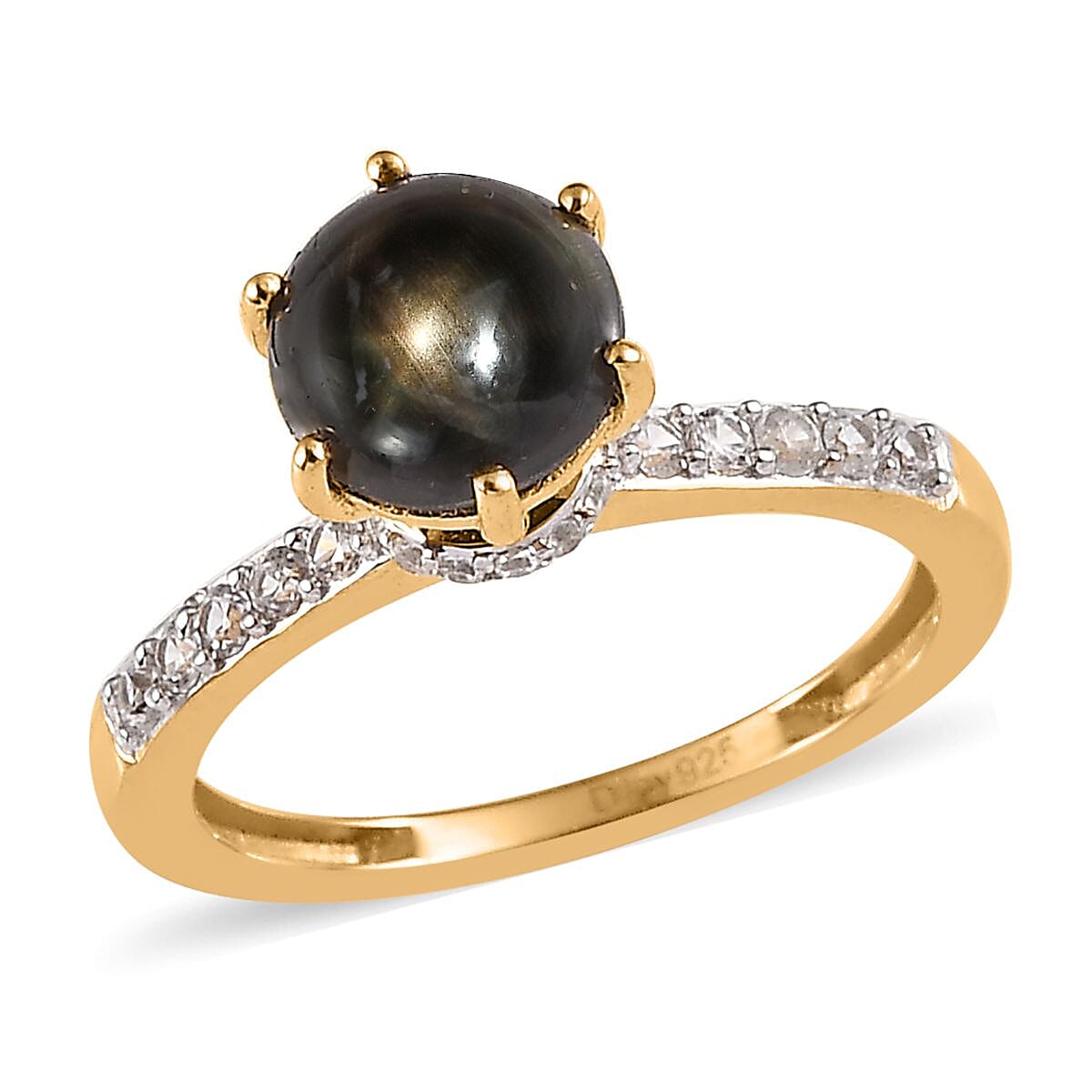 Premium Bankacha Natural Black Star Sapphire and White Zircon Ring in Vermeil Yellow Gold Over Sterling Silver (Size 5.0) 2.40 ctw image number 0