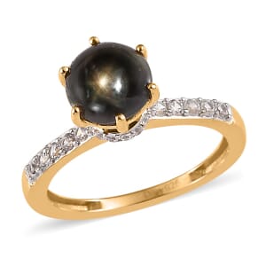 Premium Bankacha Natural Black Star Sapphire and White Zircon Ring in Vermeil Yellow Gold Over Sterling Silver (Size 8.0) 2.40 ctw