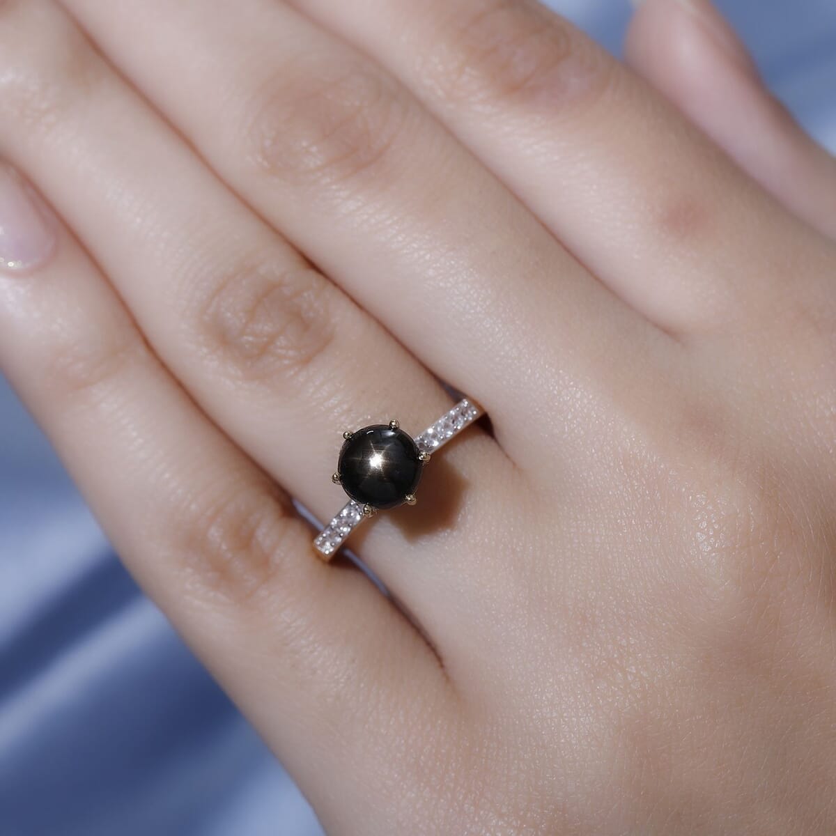 Premium Bankacha Natural Black Star Sapphire and White Zircon Ring in Vermeil Yellow Gold Over Sterling Silver (Size 8.0) 2.40 ctw image number 2