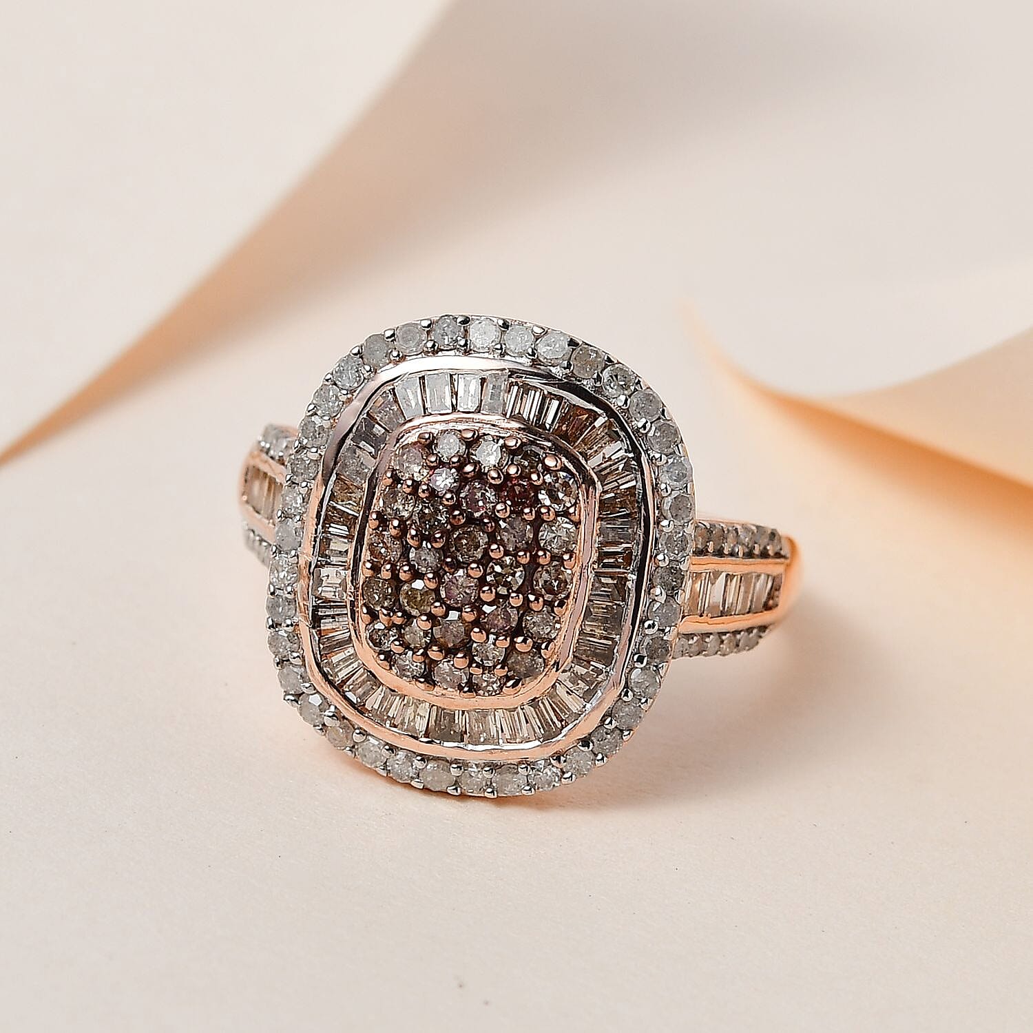 Natural Champagne and White Diamond Cocktail Ring in Vermeil Rose Gold Over Sterling Silver (Size 10.0) 1.50 ctw