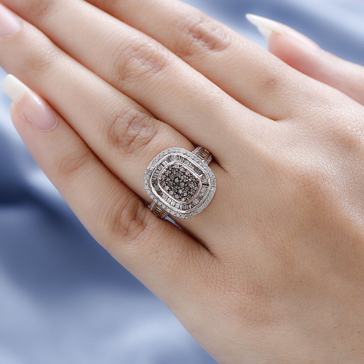 Natural Champagne and White Diamond Cocktail Ring in Vermeil Rose Gold Over Sterling Silver (Size 10.0) 1.50 ctw