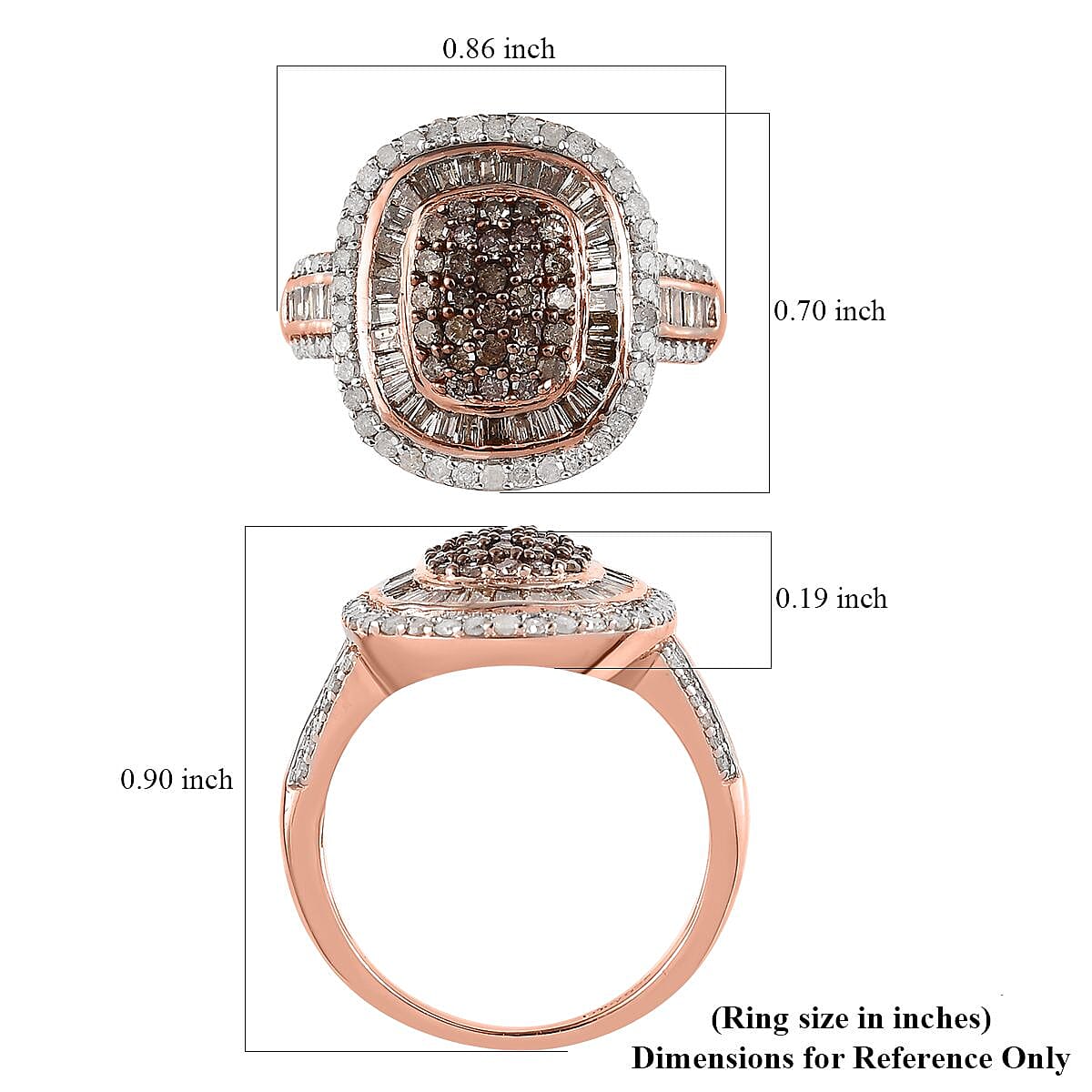 Natural Champagne and White Diamond Cocktail Ring in Vermeil Rose Gold Over Sterling Silver (Size 10.0) 1.50 ctw